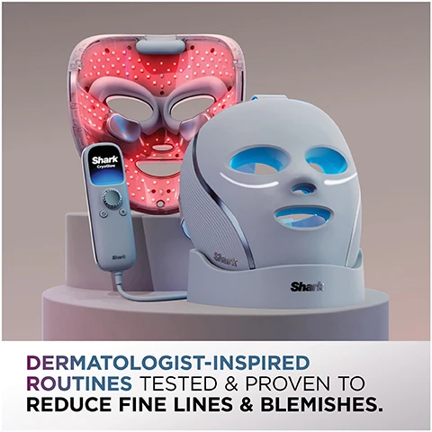 Image 1 - An illuminated facial mask with red LED lights is displayed alongside a gray device with a control panel labeled Shark CryoGlow, with the text Dermatologist-inspired routines tested & proven to reduce fine lines & blemishes.
Image 2 - A close-up of a mans face showing blue lines indicating the under-eye area with a device designed to visibly de-puff under eyes, featuring the text VISIBLY DE-PUFF UNDER EYES IN MINUTES Under-Eye Revive Mode 5-15 MIN.
Image 3 - A woman with gray hair is using a facial device that emits red light, and the image includes the text REDUCE FINE LINES IN 8 WEEKS* Better Ageing mode: Red + Infrared Light 6 MIN.
Image 4 - Image showing a side-by-side comparison of skin on a persons face labeled Before on the left with noticeable fine lines and After 8 weeks on the right with smoother skin, with visible text saying PROVEN TO REDUCE FINE LINES & FIRM SKIN IN 8 WEEKS and a note below about results variability.
Image 5 - A woman with short, light-colored hair is looking at a black facial device that emits blue light, alongside the text that reads REDUCE BLEMISHES IN 4 WEEKS** Blemish Repair mode: Blue, Red + Infrared Light 8 MIN.
Image 6 - Image shows a side-by-side comparison of a mans face with a blemish before treatment on the left and after four weeks of treatment on the right, with captions Before unretouched and After 4 weeks unretouched, and text at the bottom stating PROVEN TO REDUCE BLEMISHES, & EVEN SKIN.
Image 7 - A woman with a glowing complexion is shown next to a black facial device emitting pink light, with text stating MAINTAIN BRIGHT, GLOWING SKIN Skin Sustain mode: Red, Infrared + Blue Light Use after completing an 8-week cycle of Better Ageing or Blemish Repair and a timer displaying 4 MIN.
Image 8 - An infographic showing three types of light therapy—blue light (415nm) for reducing blemishes, red light (630nm) for reducing fine lines, and deep infrared (830nm) for firming skin, with text detailing the benefits of each type and the product name iQLED TECHNOLOGY, along with a disclaimer about study results.
Image 9 - A man and woman with bare shoulders are posing back to back, the woman is holding a facial mask device while an inset image shows a person putting on an adjustable strap, with visible text that reads COMFORT FIT FOR ALL FACE SHAPES & SIZES Fully adjustable for a personalised fit.
Image 10 - A person holds a handheld device with an LCD display showing skincare instructions, featuring labels for a USB charging port, battery life, belt clip, dial, back button, adjustable under-eye cooling, and mask connection cord, with the visible text reading First step to a skincare win! Each session improves your skin. Next step, moisturise. Done. Shark Cryoglow Remote.
