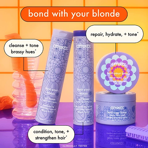 Image 1 - Image of hair care products with three containers labeled amika: bust your brass for shampoo, conditioner, and intense repair mask, along with descriptions for each: cleanse + tone brassy hues, repair, hydrate, + tone, and condition, tone, + strengthen hair, set against a colorful background with an orange comb and purple base.
Image 2 - Image showing the back of a person with curly hair, split into two sections labeled before and after; the left side has lighter, less defined curls while the right side shows darker, more defined curls.
Image 3 - Image shows a person viewed from the back, with a split view labeled BEFORE on the left and AFTER on the right; the left side displays a shorter, textured light blonde hairstyle while the right side features a smoother, longer light blonde hairstyle against a plain background.
Image 4 - Image shows five individuals with different blonde hairstyles against a purple backdrop, with headings indicating hair types: natural blondes, color-treated blondes, platinum blondes, natural silvers & grays, and textured blondes; there are product bottles and jars labeled for hair care routines underneath each heading, with various washing frequencies indicated.
Image 5 - An image showing the back view of a womans head with medium-length, curly gray hair, divided into two sections labeled BEFORE on the left and AFTER on the right, indicating a noticeable difference in hairstyle or treatment.
Image 6 - Image shows the back of a person with a straight, blonde bob haircut, split into two halves labeled BEFORE on the left and AFTER on the right against a light background.
Image 7 - Image shows a chart titled a hair mask for every ask, featuring four jars of hair masks with labels: hydro rush intense moisture mask, the kure intense repair mask, soulfood nourishing mask, bust your brass intense repair mask, and dream routine overnight hydration treatment, along with columns detailing concerns, benefits, ingredients, and hair types for each mask.