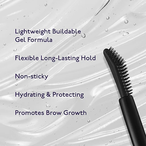 Image 1 - A black brow brush rests on a textured, watery background, with text that reads Lightweight Buildable Gel Formula, Flexible Long-Lasting Hold, Non-sticky, Hydrating & Protecting, and Promotes Brow Growth.
Image 2 - Image displays a tube with a black applicator and text listing key ingredients: Xtend Complex nourishes and strengthens hair, Coffee Bean Extract promotes hair growth, and Prickly Pear Oil hydrates and protects hair, along with vegan and clean formula icons.
Image 3 - Image of a silver mascara tube with a black brush applicator next to a brown brow pencil, both labeled as Browgel Blackstar and Browliner Blackstar, with the text The Perfect Pair above.