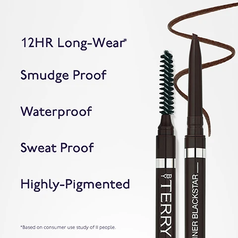 Image 1 - Image of a brown eyeliner pencil next to a spoolie brush against a white background, with text highlighting features: 12HR Long-Wear, Smudge Proof, Waterproof, Sweat Proof, Highly-Pigmented, and a note about consumer use study of 11 people.
Image 2 - Image shows a drop of golden oil with a pipette, accompanied by text that lists key ingredients: Vitamin C promotes healthy hair and Vitamin E provides hydration, along with icons for vegan formula, naturally derived ingredients, and clean formula.
Image 3 - Image shows five eyebrow pencil shades from the BLACKSTAR range, labeled from top to bottom as N.01 Blonde, N.02 Auburn, N.03 Ashbrown, N.04 Brunette, and N.04 Ebony, each accompanied by a corresponding swatch line of color.
Image 4 - Image shows a silver container of Browgel Blackstar with a black brush applicator and a brown Browliner Blackstar pencil alongside it with the text The Perfect Pair.