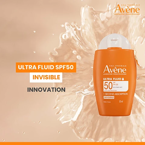 Image 1 - Orange Avene Ultra Fluid SPF50 sunscreen bottle with text ULTRA FLUID SPF50 INVISIBLE INNOVATION and bottle label text EAU THERMALE Avène LABORATOIRE DERMATOLOGIQUE ULTRA FLUID SPF 50 HAUTE PROTECTION 1 SECOND ABSORPTION INVISIBLE Made in France 50ml. Image 2 - Close up of three women representing diverse skin tones FOR ALL SKIN TYPES EAU THERMALE Avène LABORATOIRE DERMATOLOGIQUE Image 3 - A background with light flares and a translucent circle displays the text EAU THERMALE Avène LABORATOIRE DERMATOLOGIQUE, CLINICALLY PROVEN PROTECTION, UVB/UVA, BLUE LIGHT & SKIN AGEING, ¹In vitro filtering study carried out on the TriAsorB filter. April 2022. Image 4 - A woman holds an orange bottle of Avène sunscreen to her chin with text that reads EAU THERMALE Avène LABORATOIRE DERMATOLOGIQUE, ULTRA FLUID SPF 50+ VERY HIGH PROTECTION UVB + UVA WATER RESISTANT 1 SECOND ABSORPTION INVISIBLE, CLINICALLY PROVEN HYDRATION*, and *Clinical study - 20 subjects - 27-64 years old - HI Kinetics. Image 5 - A persons face with visible freckles is shown next to an Avene sunscreen bottle with text Eau Thermale Avène LABORATOIRES DERMATOLOGIQUES 100% INVISIBLE¹ FINISH and ¹Consumer use test. Sep 2022. 68 subjects. 96% agreed, of which 21% totally agreed visible on the image, and the bottle contains the text Avène EAU THERMALE ULTRA FLUID SPF 50+ UVA UVB SUN CARE VERY HIGH PROTECTION 1 SECOND ABSORPTION INVISIBLE 50ml e Made in France. Image 6 - A bottle of Avène Ultra Fluid SPF 50 sunscreen with text that says ULTRA FLUID ULTRA LIGHT TEXTURE, Eau Thermale Laboratoire Dermatologique, ULTRA FLUID 50 SPF UVA UVB HAUTE PROTECTION PA++ BLUE LIGHT 1 SECOND ABSORPTION INVISIBLE Made in France 50ml, Apply daily in all weather conditions, and RECOMMENDED BY DERMATOLOGISTS.