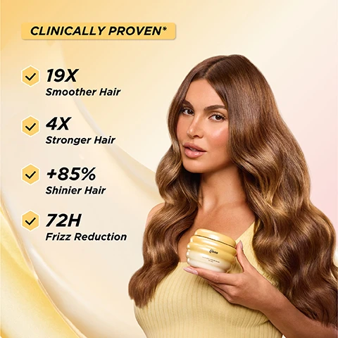Image 1 - A woman with long, wavy brown hair smiles while holding a jar of hair product, with a background that fades from light to dark gold and text that reads CLINICALLY PROVEN*, 19X Smoother Hair, 4X Stronger Hair, +85% Shinier Hair, 72H Frizz Reduction.
Image 2 - A golden jar of Gisou hair treatment is shown with a creamy texture visible inside, surrounded by honeycomb and dripping honey, featuring text labels that read: intense hydration, strength & glossy shine, biomimetic ceramides, Mirsalehi honey, hyaluronic acid, and antioxidant keraguard.
Image 3 - The image shows two close-up views of curly hair: the left side labeled BEFORE displays frizzy, undefined curls, while the right side labeled AFTER shows smoother, well-defined curls.
Image 4 - Image showing two close-up views of blonde hair labeled Before on the left with frizzy strands and After on the right exhibiting smooth, shiny waves.
Image 5 - Image of a creamy hair mask in a container with instructions on how to use it, including steps to apply, wait time, and rinse, with additional tips for extra hydration. The visible text reads: HOW TO USE HONEY GLOSS CERAMIDE THERAPY HAIR MASK Apply generously to damp or dry hair from lengths to ends Let sit for 5-7 minutes Rinse thoroughly HONEY HACK Mix in 2-3 drops of Honey Infused Hair Oil for an extra-hydrating treatment.
Image 6 - Image shows a promotional graphic for a hair care routine featuring three products: a container labeled Honey Gloss Ceramide Therapy Hair Mask, a bottle of Honey Infused Hair Oil, and a bottle of Honey Infused Hair Perfume, with the text YOUR 3-STEP HONEY HYDRATION ROUTINE and step descriptions 1: TREAT, 2: SHINE, and 3: SCENT.