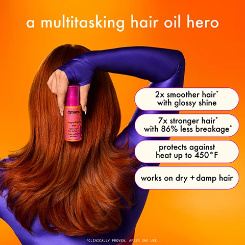 Image 1 - A woman with long, shiny hair holds a purple bottle of hair oil, displaying the text that emphasizes its benefits: 2x smoother hair with glossy shine, 7x stronger hair with 86% less breakage, protects against heat up to 450°F, and works on dry and damp hair.
Image 2 - A woman with long dark hair poses in two side-by-side images; the left shows her hair frizzy and unstyled, while the right shows her hair smooth and styled, with visible text stating victoria applied superfruit star to dry hair to tame frizz.
Image 3 - Image shows a side-by-side comparison of a persons hair before and after using a hair product; the left side has wet, frizzier hair while the right side displays defined, wavy curls and smoother texture, with visible text reading ceci applied superfruit star to damp hair then diffused until dry.
Image 4 - An orange background features a bottle of Amika Superfruit hair oil, surrounded by yellow and orange droplets, with text that reads: a burst of superfruit in every drop, SEA BUCKTHORN nourishes + restores lipids in the hair to help increase shine, manageability, softness + strength, NON-CYCLIC SILICONES helps to provide shine + slip while reducing breakage + protecting against heat damage.
Image 5 - Image shows a side-by-side comparison of hair in two states: on the left, damp hair held by a person with a tattoo on their arm, and on the right, styled dry hair; visible text includes DAMP HAIR apply 1-2 pumps to damp hair to strengthen + protect against heat and DRY HAIR apply 1-2 pumps to dry hair, focusing on the ends, to smooth + add shine.
Image 6 - Image shows two side-by-side portraits of hair: the left side depicts frizzy, wavy hair labeled before, while the right side shows sleek, straight hair labeled after, with visible text stating victoria applied superfruit star to dry hair before heat styling.
Image 7 - Image shows two colorful hair oil bottles with a gradient orange background; the left bottle, labeled Water Sign, is a rich, hydrating oil for thick and textured hair types 2c–4c, and the right bottle, labeled Superfruit Star, is a lightweight multitasking oil for fine-thick hair types 1–3c.
Image 8 - Image shows a side-by-side comparison of a woman with long, thick gray hair, with the left side labeled before and the right side labeled after, and the text below reads heather applied superfruit star to dry hair before heat styling.
Image 9 - A person with curly hair is shown with a hand applying hair oil to their strands, and the image has text that reads pro tip for curly + textured hair and after you set the hair, press oil into strands to break up the curl cast for the best shine + definition.
Image 10 - Image shows a side-by-side comparison of a woman with long, damp hair on the left labeled before, and the same woman with straight, styled hair on the right labeled after; the text in the center reads katrina applied superfruit star to damp hair before blow drying.
Image 11 - A bottle of Amikas Superfruit Star lightweight hair styling oil with a colorful design sits against an orange backdrop, accompanied by icons and text highlighting that it is vegan, cruelty-free, sulfate-free, paraben-free, phthalate-free, SLES and SLS-free, contains no mineral oil, and is suitable for color-treated hair.