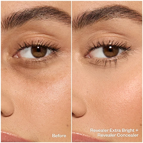Image 1 - Side-by-side comparison of an eye with skin texture and blemishes on the left labeled Before, and the same eye on the right showing a smoother appearance with the labels Revealer Extra Bright + Revealer Concealer.
Image 2 - A creamy pink-peach makeup product is shown alongside three models with varying skin tones, with the text Illusion pink peach for light to medium skin tones and Pairs with Revealer Concealer tones 03 to 04 visible.
Image 3 - Image of a dark circle serum from Kosas with the product in the center surrounded by swatches of various cream shades and text highlighting its benefits: 100% Coverage. 100% Dark Circle Serum. Neutralizes + covers dark circles, Supercharged with brightening + depuffing serum, Comfy, liquid cream texture, Long-wearing + non-creasing, Clinically proven to not clog pores or cause breakouts.
Image 4 - Graphic showing a makeup product designed to target dark circles under the eyes, with dripping colors and highlighted benefits stating it corrects discoloration, visibly reduces puffiness, and helps fight sagging skin, including ingredient mentions like Hyaluronic Acid, Caffeine, and Acetyl Tetrapeptide-5.
Image 5 - Image shows a close-up of an eye with makeup application steps for dark circle coverage, featuring two steps labeled: Step 1: NEUTRALIZE, with instructions to dot Revealer Extra Bright over dark circles and blend out, and Step 2: CONCEAL, instructing to layer with Revealer Concealer for seamless coverage.
Image 6 - Image shows a graphic featuring two beauty products from Kosas, labeled as Step 1 Revealer Extra Bright and Step 2 Revealer Concealer, with accompanying text highlighting that 100% agreed this 2-step system visibly renewed and replenished under eyes and helped address discoloration and puffiness under eyes over time on bare skin.
Image 7 - An angled doe foot applicator is shown with a pink product on one end, surrounded by a light blue background, with the text Angled doe foot for precise under eye application displayed.
Image 8 - Image of a promotional graphic featuring two Kosas makeup products: Revealer Extra Bright Serum-Powered Color Corrector and Revealer Concealer Super Creamy + Brightening Concealer, with usage, skincare benefits, coverage, finish, key ingredients, and shades listed in a blue background layout.