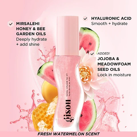 Image 1 - Image of a honey-infused lip oil bottle surrounded by watermelon slices, honeycomb, and flower petals, with text highlighting key ingredients: Mirsalehi honey & bee garden oils, hyaluronic acid, jojoba & meadowfoam seed oils, and a fresh watermelon scent.
Image 2 - Close-up images of glossy lips in different shades, with one pair of light pink lips displaying a sparkly gloss and the other pair featuring a darker shade, alongside a bottle of lip oil labeled Honey Infused Lip Oil; visible text reads Watermelon Sugar.
Image 3 - A grid of images showcasing different lip gloss shades with visibly glossy lips, labeled from top left to bottom right as Honey Gold, Watermelon Sugar, Mango Passion Punch, and Strawberry Sorbet.
Image 4 - A grid of nine images showcases various lip gloss shades on models lips, including a raspberry with a berry, a glossy peach, and a sparkling plum, featuring visible text labels for each shade: Raspberry Swirl, Bee-llini Peach, and Glazed Plum.
Image 5 - Image shows six bottles of Gisou honey-infused lip oil lined up vertically, featuring various shades of red and orange, with the text FRESH, JUICY & DELICIOUS above, and four bullet points highlighting benefits: Intensely Hydrating, High Shine, Never Sticky, Juicy Scents.
Image 6 - A close-up image of a woman smiling with a piece of watermelon near her mouth, showcasing glossy lips and soft makeup, with text that reads CHRISTINA WEARING WATERMELON SUGAR.