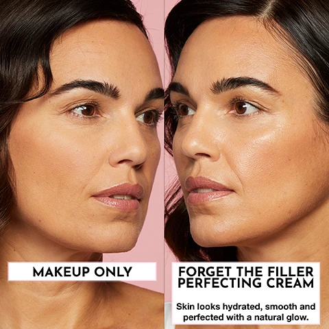 Image 1 - Image shows a split view of a woman’s face, with the left side labeled MAKEUP ONLY displaying a more natural look, and the right side labeled FORGET THE FILLER PERFECTING CREAM showing enhanced hydration and glow; visible text includes Skin looks hydrated, smooth and perfected with a natural glow.
Image 2 - Image shows a side-by-side comparison of the skin around an eye before and after four weeks of treatment, with the before image displaying visible crows feet and the after image showing reduced crows feet, along with the text BEFORE at the top of the first image and AFTER 4 WEEKS VISIBLY DIMINISHES CROWS FEET on the second image, branded with LAWLESS on the lower right.
Image 3 - A side-by-side comparison showing a womans face before and after using a skincare product for four weeks, with the top labeled BEFORE and the bottom labeled AFTER 4 WEEKS VISIBLY INCREASES SKIN-LIFTING EFFECT.
Image 4 - Image showing a comparison of skin before and after using a product; the top half labeled BEFORE displays redness and uneven texture, and the bottom half labeled AFTER 4 WEEKS shows improved skin texture with diminished redness, accompanied by the text VISIBLY DIMINISHES REDNESS & TEXTURE and the brand name LAWLESS.
Image 5 - Image showing a pink textured cream with text overlay describing skin-transforming ingredients: PLUMPING COMPLEX MAXI-YOUTH: Plumps the skin and smooths lines and texture. SMOOTHING COMPLEX HEXAPEPTIDE-8 & OCTAPEPTIDE-3: Firms and reduces appearance of wrinkles with a botox-inspired mechanism. SOOTHING COMPLEX BLACK TEA FERMENT, CAFFEINE AND PANTHENOL: Antioxidants to soothe, calm redness, and brighten. The brand name LAWLESS is visible at the bottom.
Image 6 - An image of a pink skincare product background with a white spatula, featuring text that states various improvement percentages after four weeks of use, and additional product claims at the bottom.
Image 7 - A smiling woman with long blonde hair holds a skincare product labeled LAWLESS FORGET THE FILLER against a pink background, with text that reads PLUMP AND PRIME YOUR SKIN WITH MY OIL-FREE, LINE-SMOOTHING SKINCARE THATS PERFECT FOR MAKEUP PREP. xoxo Annie.
Image 8 - A jar of pink cream labeled LAWLESS FORGET THE FILLER SKIN-PLUMPING LINE-SMOOTHING PERFECTING CREAM is open with a small white spatula beside it, set against a light pink background, with the text OVERSIZED SPATULA INCLUDED visible.