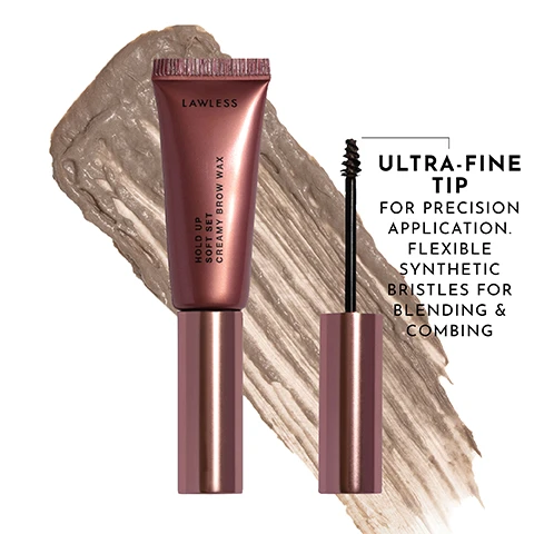 Image 2 - A tube of brow wax labeled HOLD UP SOFT SET CREAMY BROW WAX by Lawless is shown next to an applicator brush against a light brown backdrop, with visible text stating ULTRA-FINE TIP FOR PRECISION APPLICATION. FLEXIBLE SYNTHETIC BRISTLES FOR BLENDING & COMBING.
Image 3 - A swatch of a light beige creamy texture is shown against a white background, with visible text reading LIGHT/MEDIUM and FLEXIBLE LIGHT/MEDIUM.
Image 4 - A split-image of a woman showcasing her eyebrows, with the left side featuring well-defined brows using Hold Up Up Soft Set Creamy Brow Wax in Light/Medium, and the right side showing her natural look without brow product; the visible text reads HOLD UP UP SOFT SET CREAMY BROW WAX IN LIGHT/MEDIUM NO BROW PRODUCT.
Image 5 - A close-up of a persons eyes showing the difference in brows, with the top image labeled no brow product and the bottom image labeled hold up brow wax in light/medium.
Image 6 - The image shows two close-up views of a womans eyes; the top half displays her eyes without any brow products labeled NO BROW PRODUCT, while the bottom half shows her eyes with defined brows and is labeled SHAPE UP BROW PENCIL IN OAK + HOLD UP BROW WAX IN LIGHT/MEDIUM.