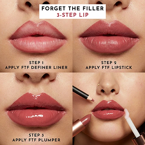 Image 1 - Image shows a four-step lip application process with close-up views of lips. The top left image features a natural lip with the text STEP 1 APPLY FTF DEFINER LINER, the top right shows a lip color with the text STEP 2 APPLY FTF LIPSTICK, the bottom left displays glossy lips with the text STEP 3 APPLY FTF PLUMPER, and the header reads FORGET THE FILLER 3-STEP LIP.
Image 2 - Image shows a pink background with lip pencil swatches and descriptions, featuring the following shades: Nude Honey, Pink Sand, Pink Slip, Velvet Peach, Rosewood, Cinnamon, Honey Rose, Desert Mauve, and True Love, accompanied by text highlighting features such as silky-smooth application, intense pigment, and 2-in-1 formula to line and fill in lips.
Image 3 - A person with long dark hair is holding a lip liner, lipstick, and lip plumper while showcasing a glossy lip look against a pink background, with visible text stating Bethany is wearing Rosewood Definer Liner, Minx Lipstick and Rosy Outlook Lip Plumper.
Image 4 - Image shows a collection of lip pencils in various shades lined up with their names displayed on a soft pink background, along with the text 2-IN-1 FORMULA EASILY LINES AND FILLS IN LIPS at the top and A SILK-LIKE ESTER ALLOWS FOR MAXIMUM PAYOFF IN ONE TUG-FREE STROKE below.