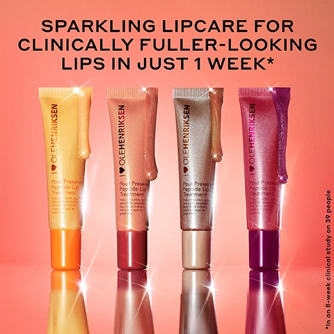 Image 1 - An assortment of four colorful lip treatment tubes is displayed against a gradient background, with visible text that reads Sparkling Lipcare for Clinically Fuller-Looking Lips in Just 1 Week* and includes the product name Pout Preserve Peptide Lip Treatment on each tube, alongside additional text describing the ingredients.
Image 2 - Image shows four images of lips before and after using the Pout Preserve Lip Treatment in Strawberry Sorbet Glimmer, with the top row labeled BEFORE and IMMEDIATELY AFTER, showing a lighter glossy finish, and the bottom row featuring two different lip tones in similar before and after comparisons.
Image 3 - A shiny pink lip product bottle is shown with a liquid gloss spilling out, accompanied by text highlighting benefits such as instantly hydrates and improves elasticity, reduces the look of lip lines, and clinically fuller-looking lips in one week.
Image 4 - A lip treatment tube is placed in front of blocks of ice with strawberries and flowers, and the image includes text that reads MAY CAUSE YOUR GRWM TO GO VIRAL.
Image 5 - An image of a glossy, shimmering lip product in the shape of a droplet, accompanied by circular icons illustrating five key ingredients: lip-specific peptides, kokum and mango seed butter, acai sterols, and Scandinavian cloudberry oil, with text detailing their benefits for lips. Text reads GLIMMERING LIP-PLUMPING HYDRATION.
Image 6 - Four samples of colorful glimmer tints are displayed: Citrus Sunshine Glimmer (sheer gold with a fresh citrus scent), Crème Brûlée Glimmer (beige with rose gold glimmer and vanilla brown sugar scent), Strawberry Sorbet Glimmer (mauve pink with rose gold glimmer and fresh strawberry scent), and Lingonberry Jam Glimmer (magenta with silver glimmer and sweet berry scent).
Image 7 - A colorful promotional image for the Ole Henriksen Strawberry Collection featuring a tube of Strawberry Lemonade Smoothing Scrub and a tube of Pout Preserve Peptide Lip Treatment in Strawberry Sorbet Glimmer, with the background displaying ice cubes containing strawberries. Visible text includes Strawberry Collection, SERVING FRESH FACIALS + GLIMMERING LIPS, STRAWBERRY LEMONADE SMOOTHING SCRUB, Instantly polish + retexturize skin* with a sweet strawberry lemonade slush, POUT PRESERVE PEPTIDE LIP TREATMENT IN STRAWBERRY SORBET GLIMMER, Sparkling lipcare for clinically fuller-looking lips in 1 week**, and footnotes regarding clinical studies.