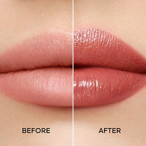 Image 1 - Image shows a close-up of lips divided into two sections, with the left side labeled BEFORE showing matte, light-colored lips and the right side labeled AFTER displaying glossy, tinted lips.
Image 2 - The image shows two close-up views of lips, with the left side labeled BEFORE featuring matte, muted colors, and the right side labeled AFTER showing glossy, vibrant colors.
Image 3 - A close-up of lips showing three different finishes: bare lips on the left, glow finish in the middle, and pearly finish on the right, with labels underneath each finish.
Image 4 - A shiny, gold lipstick tube with a light pink shimmering bullet is positioned among colorful flowers, accompanied by text stating 98% NATURAL-ORIGIN INGREDIENTS, PROPOLIS & HYALURONIC ACID SOFTEN & PLUMP LIPS, HONEY SOOTHING EFFECT & LONG-LASTING COMFORT, and BEESWAX ENSURES A SENSORY GLIDE.
Image 5 - A collection of lipstick tubes in various colors is arranged against a light background, surrounded by colorful flowers, with the text A TAILOR-MADE SHADE REVIVING LIPS NATURAL HUE displayed above.