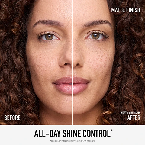 Image 1 - Image shows a split view of a womans face highlighting the difference between two sides: the left side labeled BEFORE shows her skin with visible shine, while the right side labeled AFTER shows a matte finish; additional text reads MATTE FINISH and ALL-DAY SHINE CONTROL at the bottom, along with a note indicating the results are based on an independent clinical study with 30 people.
Image 2 - An instructional image for a makeup product displaying a bottle of bareMinerals Original Mineral Veil with the text MAKEUP SET, SKINCARE GOALS MET, followed by steps labeled SHAKE, SPRAY, and WIPE, with corresponding instructions.
Image 3 - A woman with curly hair and freckles holds a bottle of bareMinerals Original Mineral Veil while looking toward the camera; the image includes text stating 100% agree this wears comfortably for 24hrs, 93% noticed their skin was more refined and looked smoother after one week of use, and 87% say it instantly blurs pores and controls shine, with a note about an independent consumer study at the bottom.
Image 4 - Image of a bottle of bareMinerals Original Mineral Veil setting spray with water droplets on it, featuring text that states ALCOHOL-FREE FORMULA EXTENDS WEAR FOR 24HRS* Sweat-, humidity-, water-, transfer- and smudge-proof* Improves, hydrates, mattifies and blurs skin Ultra-fine mist 24 HR SETTING SPRAY SPRAY FIXATEUR NATURAL MATTE FINISH FINI MAT NATUREL *Based on an independent clinical study with 30 people.
Image 5 - Image shows three skincare ingredients with their benefits: on the left, golden micro-nutrient capsules labeled helps moisturize and protect skin, in the center, an apple with splashing liquid labeled helps neutralize oil and shine, Apple Cider Vinegar, and on the right, a hibiscus flower labeled protects skin’s firmness.
Image 6 - Image shows a bottle of bareMinerals Original Mineral Veil setting spray next to a container of bareMinerals Original Mineral Veil powder, with text highlighting their features, including tailored to last, ideal for various skin types, and qualities of each product.
Image 7 - A close-up image of a bareMinerals product bottle labeled Original Mineral Veil, featuring text highlighting its benefits, including alcohol-free, clean cruelty-free formula, clinically proven performance, and suitability for all skin types.