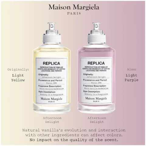 Image 1 - Image shows two perfume bottles side by side: the left bottle is light yellow labeled MAISON MARGIELA and Afternoon Delight, while the right bottle is light purple with the same brand name and label; additional text explains that natural vanillas evolution can affect colors but does not impact scent quality.