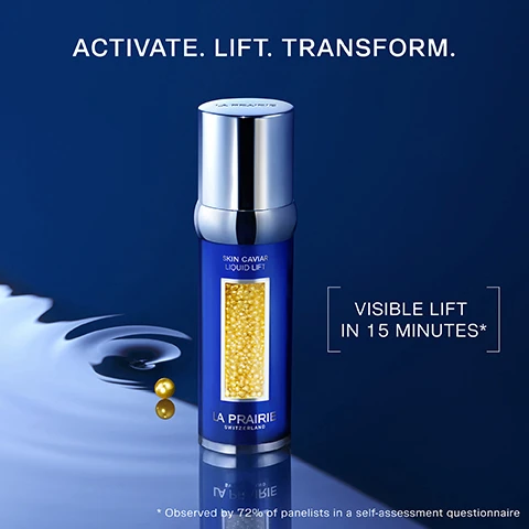 Image 1 - A blue bottle of La Prairie Skin Caviar Liquid Lift with visible yellow caviar pearls inside is placed on a sleek surface, accompanied by the text ACTIVATE. LIFT. TRANSFORM. and VISIBLE LIFT IN 15 MINUTES*.
Image 2 - Image shows a display of four luxurious skincare products from La Prairie organized in rectangular containers, labeled as Caviar Absolute, Caviar Premier, Caviar Micro-Nutrients, and Exclusive Cellular Complex, with the text HELPS RESTORE THE SKINS YOUTHFUL STRUCTURE above them.
Image 3 - A blue and silver pump bottle of skincare serum featuring a transparent section filled with yellow caviar beads, next to a small circular dish containing a silky liquid, with text that reads UPON ACTIVATION, THE ICONIC CAVIAR BEADS TRANSFORM INTO A SILKY SERUM.
Image 4 - A woman with her eyes closed is gently touching her face with one hand while looking serene, and text beside her lists three steps: 1. ACTIVATE 2. SMOOTH 3. MOISTURISE.
Image 5 - Three skincare products from La Prairie are displayed on a blue background, labeled as follows: 1. NOURISH Eye Cream, 2. LIFT Liquid Lift, and 3. MOISTURISE Luxe Cream, with the heading YOUR SKIN CAVIAR LIFTING ROUTINE.
Image 6 - A woman with straight black hair tilts her head up while holding two blue skincare bottles with silver tops, with visible text stating AVAILABLE IN 30 ML AND 50 ML.