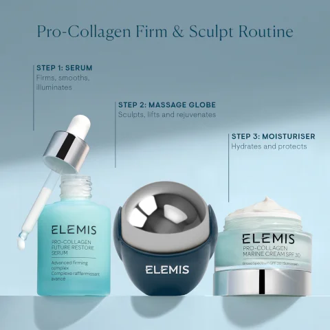 Image 1 - Image of skincare products arranged in a step-by-step routine including a serum, a massage globe, and a moisturizer, with visible text stating Pro-Collagen Firm & Sculpt Routine, STEP 1: SERUM, STEP 2: MASSAGE GLOBE, and STEP 3: MOISTURISER, along with product names and descriptions.