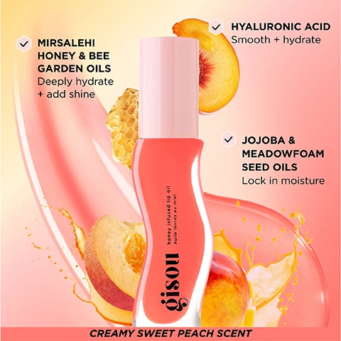 Image 1 - A bottle of gisou honey infused lip oil is shown against a gradient background with peach and honey elements, highlighting benefits such as deeply hydrate and add shine, smooth and hydrate, and lock in moisture, with the text CREAMY SWEET PEACH SCENT at the bottom.
Image 2 - A grid of nine lip product images showcasing various lip colors and finishes, with the names Raspberry Swirl, Bee-llini Peach, and Glazed Plum labeled beside or above the corresponding lips.
Image 3 - A grid of four images featuring close-ups of various lips with glossy finishes, each labeled with the names of different shades: Honey Gold, Watermelon Sugar, Mango Passion Punch, and Strawberry Sorbet.
Image 4 - A collection of six Gisou honey-infused lip oil bottles in various shades of pink and yellow, with the text FRESH, JUICY & DELICIOUS along with bullet points stating Intensely Hydrating, High Shine, Never Sticky, and Juicy Scents.