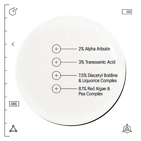 Image 3 - A round white plate displays a list of ingredients with percentages: 2% Alpha Arbutin, 3% Tranexamic Acid, 7.5% Diacetyl Boldine & Liquorice Complex, and 8.1% Red Algae & Pea Complex.
Image 4 - Image shows two skincare serum bottles side by side: a silver bottle labeled TRANEXAMIC & ARBUTIN ADVANCED BRIGHTENING SERUM and a dark blue bottle labeled MULTI PEPTIDES & GF ADVANCED LIFTING SERUM, with promotional text stating SUPERCHARGE YOUR RESULTS. OVERALL REJUVENATION, CLINICALLY PROVEN FOR SENSITIVE SKIN. WRINKLES + FINE LINES APPEAR SMOOTHER. NECK + MOUTH LOOKS LESS SAGGY. TARGETS STUBBORN DISCOLORATION. SKIN TONE LOOKS MORE EVEN.
Image 6 - Five skincare products arranged in a line with step-by-step instructions; visible text includes THE ADVANCED BRIGHTENING ROUTINE, STEP 01 Cleanse skin, STEP 02 Gently mist face & neck, STEP 04 Apply 1 - 3 pumps to face & neck, and FINAL STEP Apply 1/2 teaspoon for face and neck.