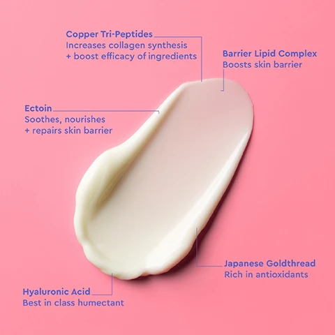 Image 1 - A dollop of creamy moisturizer is shown on a pink background, with labels pointing out its key ingredients: Copper Tri-Peptides, Barrier Lipid Complex, Ectoin, Hyaluronic Acid, and Japanese Goldthread, along with brief descriptions of their benefits.
Image 2 - A pink cylindrical container of BYOMA Barrier Repair Eye Cream with a swirl of cream on top, featuring text that states Clinically Proven To Immediately reduce wrinkles up to 32%, Reduce dark circles + pigmentation, Reduce eye bag volume + puffiness, Protect + maintain skin barrier, along with the product volume of 20ml/0.68 fl. oz.
Image 3 - A pink container of BYOMA Barrier Repair Eye Cream is displayed against a matching pink background, with visible text that includes BYOMA, DERMATOLOGIST TESTED + APPROVED, VEGAN + CRUELTY FREE, FRAGRANCE FREE, and additional product information.
Image 4 - A close-up of a smiling woman applying a cream under her eye, with a text box on the side listing benefits: Ultra rich formula, Targets dryness + fine lines, Rich creamy texture, Lightweight + non-greasy, Deeply hydrates + restores.
Image 5 - Image shows a hand holding a tube dispensing cream against a pink background, with a skincare routine outlined in five steps: STEP 1 CLEANSE, STEP 2 TONE/MIST, STEP 3 TREAT BARRIER REPAIR EYE CREAM, STEP 4 MOISTURIZE, STEP 5 PROTECT.