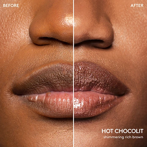 Image 1 - Close-up of a persons lips showing a before-and-after effect, with the left side featuring natural, unshimmered lips and the right side displaying glossy, shimmering brown lips labeled HOT CHOCOLIT shimmering rich brown at the bottom.
Image 2 - The image shows five arms of varying skin tones displaying swatches of different cosmetic shades labeled deep, medium-deep, medium, light-medium, and light, with visible text for each shade including names like Fenty Glow, Hot Chocolate, and Flamingo Fling.
Image 3 - A chart showcasing lip product pairings with the header SO MANY WAYS TO SHIMMER, SHINE + LINE, listing options like THUGZ BLUSH TOO + FUSSY and SATIN PANTY + C U IN MAUI.
Image 4 - Swatches of lip gloss in five shades are displayed on a light background, labeled from top to bottom as Fenty Glow, Fussy, Hot Chocolit, Icy Amethyst, Flamingo Fling, and C U in Maui.