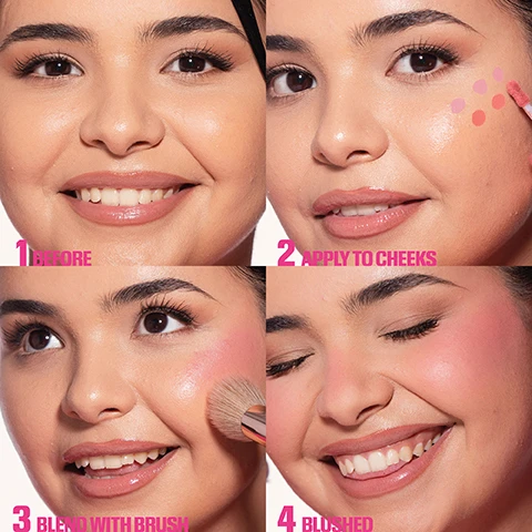 Image 1 - A smiling woman with a natural makeup look is shown in four steps: 1. Before, showing her clear skin; 2. Applying blush to her cheeks, with pink dots on her skin; 3. Blending the blush with a brush; 4. Finished look with a cheerful smile and a rosy glow on her cheeks.
Image 2 - A blush duo set displayed with two small containers labeled hudabeauty in pink and red hues, a black box labeled hudabeauty with heart shapes, and creamy swatches in strawberry cream and black cherry colors.