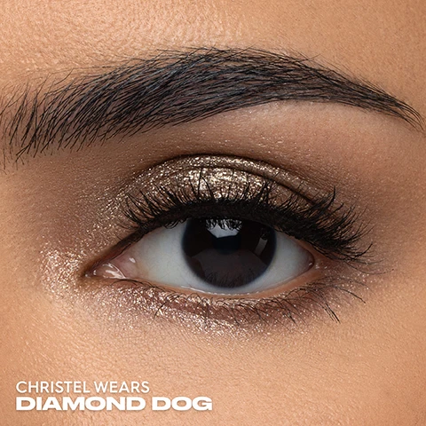 Image 1 - Close-up of an eye featuring shimmery bronze eyeshadow and long eyelashes, with visible text reading Christel wears Diamond Dog.
Image 2 - A square container of shimmery eyeshadow in mocha brown, surrounded by loose powder, with visible text stating DIAMOND DOG MOCHA BROWN WITH GOLD & SILVER MICRO PEARLS and MOONDUST URBAN DECAY.