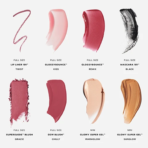 Image 1 - The image features eight makeup product swatches on a white background, including a dark pink lip liner swatch labeled FULL SIZE LIP LINER 101™ TWIST, a light pink glossy swatch labeled FULL SIZE GLOSSYBOUNCE™ KISS, a shimmery dark pink glossy swatch labeled FULL SIZE GLOSSYBOUNCE™ REMIX, a black mascara swatch labeled FULL SIZE MASCARA 101™ BLACK, a crushed dark pink blush swatch labeled FULL SIZE SUPERSUEDE™ BLUSH GRAZIE, a creamy dark pink blush swatch labeled FULL SIZE DEW BLUSH™ CHILLY, a light beige shimmery gel swatch labeled MINI GLOWY SUPER GEL™ WARMGLOW, and a bronze shimmery gel swatch labeled MINI GLOWY SUPER GEL™ SUNGLOW. Image 2 - A collection of Saie beauty products is displayed on a white background, including a pink compact blush, a pink lip liner, a black mascara or brow gel, three liquid lip products in shades of pink and red, and two light beige foundation bottles, with visible text Saie, LIP LINER 101, CRAYON À LÈVRES, FULL SIZE, and MINI. Image 3 - An open, red, oval cosmetic case with a textured exterior and a light-colored, multi-compartment interior organizer has the word saie embossed on its front, and is captioned Crafted with a removable interior organizer to keep all of your essentials in place.