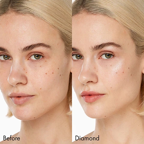 Image 1 - A split image shows a woman’s face on the left with more evident skin imperfections labeled Before and on the right with a smoother, glowing complexion labeled Diamond.
Image 2 - A side-by-side comparison of a womans face showing her appearance before and after applying a product labeled Before on the left and Diamond on the right, highlighting a more radiant complexion.
Image 3 - Image showing a comparison of skin appearance with the top half featuring a close-up of an eye and the bottom half showing a close-up of lips, labeled Before on the left and Diamond on the right.
Image 4 - Image showing five swatches of cosmetic products arranged vertically; the shades are labeled from top to bottom as Diamond 01, Citrine 02, Rose Quartz 03, Ruby 04, and Topaz 05.