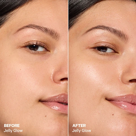 Image 1 - Image shows a side-by-side comparison of a womans face, with the left labeled BEFORE and the right labeled AFTER, both showcasing skin with different levels of glow, and visible text includes Jelly Glow.
Image 2 - A split image showing a close-up of a persons face on the left labeled BEFORE and on the right labeled AFTER, highlighting improved skin glow; visible text reads Jelly Glow.
Image 3 - A pink and red skincare stick is encased in transparent ice alongside pieces of watermelon, with bold text stating GENTLE INGREDIENTS. JUICY RESULTS. and descriptive benefits including SMOOTHS SKIN, BOOSTS HYDRATION, and EVENS SKIN TONE.
