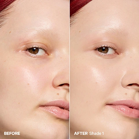 Image 2 - A split image shows a close-up of a persons face with clean skin on the left labeled BEFORE and the same face with enhanced complexion on the right labeled AFTER Shade 1.
Image 3 - A person with short red hair is posing while gently touching their face, showcasing a natural makeup look with a soft glow, and there is text at the bottom that reads Hydro Grip Gel Tint in 1.
Image 5 - Image shows various skin tone swatches of a gel tint product on two arms, with the left arm showcasing shades numbered 1 to 10 and the right arm showcasing shades numbered 11 to 15, alongside a tube of Hydro Grip Gel Tint held in a hand.