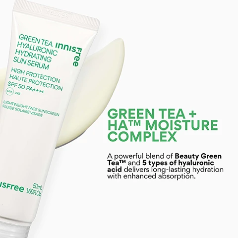 Image 4 - A white tube of Innisfree Green Tea Hyaluronic Hydrating Sun Serum is pictured with a dollop of light green product, displaying text GREEN TEA innisfree HYALURONIC HYDRATING SUN SERUM free, HIGH PROTECTION HAUTE PROTECTION SPF 50 PA++++ (UVA) UVB, LIGHTWEIGHT FACE SUNSCREEN FLUIDE SOLAIRE VISAGE, innisfree 50mL 1.69Fl.Oz., and on the right side, GREEN TEA + HA™ MOISTURE COMPLEX A powerful blend of Beauty Green Tea™ and 5 types of Hyaluronic acid delivers long-lasting hydration with enhanced absorption. Image 5 - A white tube of Innisfree Green Tea Hyaluronic Hydrating Sun Serum with a clear pump dispenser is shown against a white background with a green leaf; visible text reads KOREAN SKINCARE + SPF IN ONE, GREEN TEA innisfree HYALURONIC HYDRATING SUN SERUM, HIGH PROTECTION HAUTE PROTECTION, SPF 50 PA++++, UVA UVB, LIGHTWEIGHT FACE SUNSCREEN FLUIDE SOLAIRE VISAGE, innisfree 50mL 1.69Fl.Oz., and lists benefits including 96% felt that the skin is replenished with moisture after absorption*, 93% felt that the skin stays hydrated for an extended period*, 96% felt the product has a transparent finish, without leaving a white cast*, with a note *Based on a 2-day independent consumer study on 30 women aged 25-35. Image 6 - A close-up image of a white skincare product bottle covered in water droplets, displaying green text that reads Green Tea Hyaluronic Hydrating Sun Serum, High Protection TE Protection PA++++, and GHT Face Sunscreen Laire Visage. Overlaid on the image in white text with green checkmarks are the questions and benefits: Who is this good for?, Skincare + SPF in one, Dehydrated skin, No white cast finish.