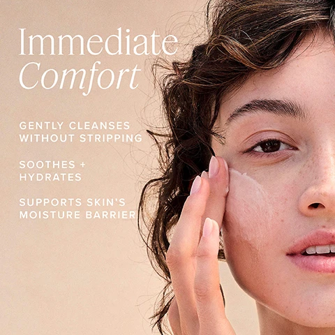 Image 1 - A young woman with curly hair is using a cleansing product on her face, with visible text that reads Immediate Comfort, Gently cleanses without stripping, Soothes + hydrates, Supports skins moisture barrier.
Image 2 - The image features a green apple slice, oats, and aloe leaves arranged on a light background, with text indicating benefits: restore and hydrate with oats and apple, soothe and comfort with aloe, and purify and refresh with moringa oil.
Image 3 - Image shows two green tubes of FARMACY Green Clean cleanser on a background of light green and beige textures; left tube labeled for normal to oily and combination skin with benefits of purifying and deep cleansing, airy whipped texture, and fresh lime and bergamot fragrance; right tube for normal to dry and sensitive skin with benefits of cleansing and hydrating, creamy lather texture, and fragrance-free.