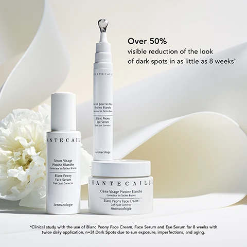 Image 1 - Three skincare products are displayed against a soft white background: a white lotion bottle labeled Blanc Peony Face Serum, a white tube labeled Blanc Peony Eye Serum, and a white jar labeled Blanc Peony Face Cream, with a large white flower nearby and text stating Over 50% visible reduction of the look of dark spots in as little as 8 weeks.
Image 2 - A close-up of a woman with smooth skin looking directly at the camera, with her hand resting under her chin, accompanied by the text indicating 61% visible reduction of the look of dark spots in as little as 8 weeks.