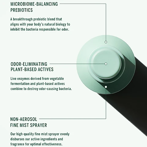 Image 1 - An overhead view of a light green spray bottle on a pale background, with three descriptive sections labeled MICROBIOME-BALANCING PREBIOTICS, ODOR-ELIMINATING PLANT-BASED ACTIVIES, and NON-AEROSOL FINE MIST SPRAYER, each containing short explanatory text about their benefits.
Image 2 - A hand is holding a spray bottle releasing a mist, with text on the image stating vegan & cruelty-free, made in California, no synthetic fragrances, no aluminum or baking soda, non-aerosol sprayer, and non-staining - dries clear.