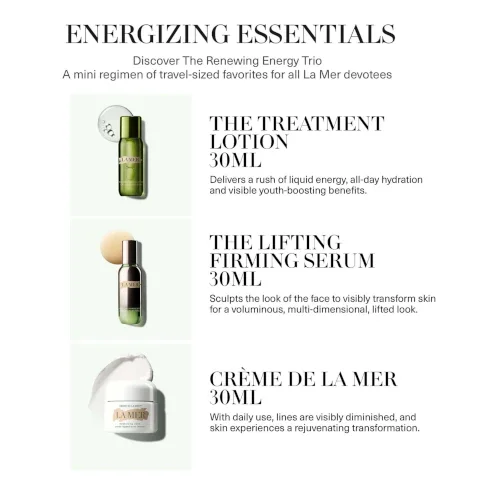 Image shows a skincare product display titled Energizing Essentials, highlighting three travel-sized La Mer products: The Treatment Lotion, The Lifting Firming Serum, and Crème de La Mer, with descriptions for each product indicating their benefits and sizes.