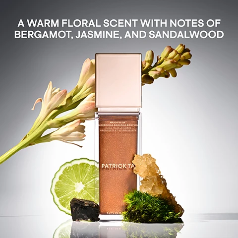 Image 1 - A bottle of body shimmer with a peach-toned product inside is surrounded by flowers, a lime, and pieces of moss and rock, with the text A WARM FLORAL SCENT WITH NOTES OF BERGAMOT, JASMINE, AND SANDALWOOD displayed above.
Image 2 - An image showing a bare shoulder with a side-by-side comparison: the left side labeled BEFORE displays a natural skin tone, while the right side labeled AFTER shows a shiny, soft golden bronze with a hint of pearl finish.
Image 3 - A side-by-side comparison of skin showing a before image with a natural appearance on the left and an after image with a glossy, soft golden bronze finish on the right, with visible text stating SOFT GOLDEN BRONZE WITH A HINT OF PEARL above the right image and BEFORE and AFTER labels at the bottom left and right respectively.
Image 4 - An image of three droplets of bronzing oil on a white background, accompanied by text that reads BRONZING OIL WITH BENEFITS, ILLUMINATES WITHOUT GLITTER Golden Warm Pearls, SUPPORTS HYDRATION & SKIN ELASTICITY Acai Oil & Cupuassu Butter, and PROTECTS THE SKIN Super-Antioxidant Blend.
Image 5 - Image of various skincare products from the Patrick Ta body care collection, with a lime and fresh flowers in the background, and text that reads BODY CARE MADE TO BE SEEN and SHOP THE FULL COLLECTION.