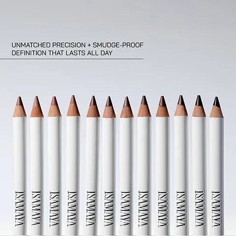 Image 1 - A row of twelve cosmetic pencils with white bodies and various colored tips, accompanied by the text UNMATCHED PRECISION + SMUDGE-PROOF DEFINITION THAT LASTS ALL DAY.