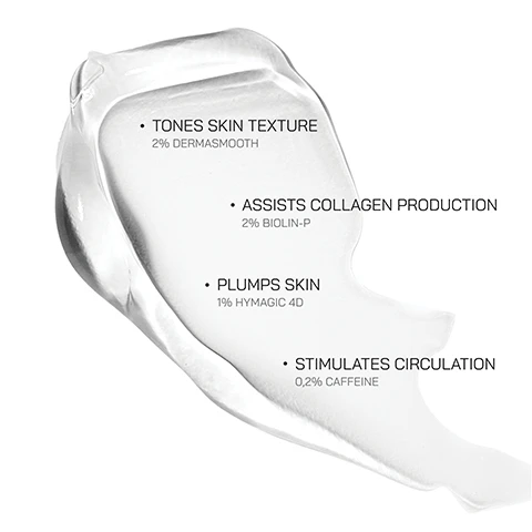 Image 1 - A clear gel-like substance with a smooth, curved shape, featuring text that reads TONES SKIN TEXTURE 2% DERMASMOOTH, ASSISTS COLLAGEN PRODUCTION 2% BIOLIN-P, PLUMPS SKIN 1% HYMAGIC 4D, and STIMULATES CIRCULATION 0.2% CAFFEINE.
Image 2 - A silver tube with a pointed opening displays two skincare products labeled MICROBIAL GEL and FACE GLAZE, with descriptions highlighting their benefits including hydration, protection, and glowing finish.