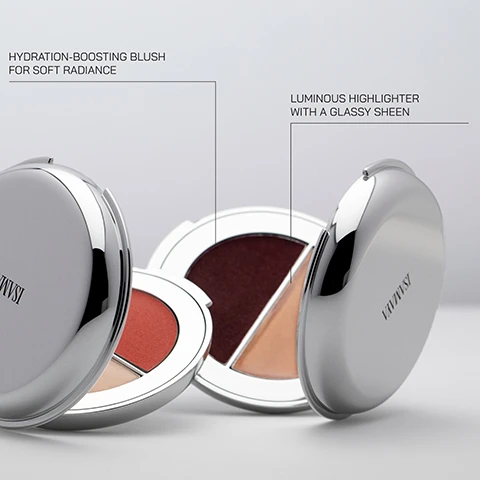 Image 1 - Two open silver makeup palettes showing blush and highlighter shades with overlay text HYDRATION-BOOSTING BLUSH FOR SOFT RADIANCE LUMINOUS HIGHLIGHTER WITH A GLASSY SHEEN. Image 2 - Close-up of two women wearing blush on their cheeks, with text reading DOM WEARS MARTA and JENNIFER WEARS CHAR.