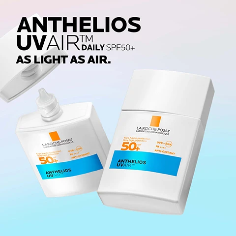 Image 1 - Image of two bottles of sunscreen labeled ANTHELIOS UVAIR DAILY SPF50+ with text that reads AS LIGHT AS AIR and the brand name LA ROCHE-POSAY.
Image 2 - A bottle of Anthelios UV Air Daily SPF 50+ sunscreen is shown with the cap slightly removed, against a light gradient background, featuring text that reads Anthelios UV Air Daily SPF 50+, Broad-Spectrum Protection Against UVB and Everyday UVA Rays.
Image 3 - An illustration of layered skincare technology showcasing a lightweight texture powered by UV Air technology, with visible text detailing features like zero-gram feel air phase, daily UVA/UVB protection, and serum base with hyaluronic acid and niacinamide.
Image 4 - An image featuring three sections with blue backgrounds: the first shows layers of a gel-like texture labeled UVAIR™ TECHNOLOGY and NON-GREASY, WEIGHTLESS FORMULA, the second includes a sun icon symbolizing DAILY SUNCARE PROTECTION with text BROAD-SPECTRUM PROTECTION AGAINST UVB AND EVERYDAY UVA RAYS, and the third displays a close-up of a serum with SERUM BASE and WITH NIACINAMIDE & HYALURONIC ACID.
Image 5 - A hand wearing a white glove holds a sun protection product with a white and turquoise bottle labeled La Roche-Posay Anthelios Uvair, displaying 50+ SPF and text indicating very high protection from UVB and UVA rays, along with the message DERMATOLOGIST RECOMMENDED BRAND FOR SUN PROTECTION IN THE UK.
Image 6 - A bottle of La Roche-Posay Anthelios UV Air Daily SPF 50+ sunscreen is displayed against a background of four skin tones, with the words Anthelios UV Air Daily SPF 50+, Tested on all phototypes, and a note about very high protection, UVB and UVA, and anti-oxidant features visible.
Image 7 - Close-up of a womans face with a white cream applied to her cheek, accompanied by text that reads BREATHABLE & ULTRA LIGHTWEIGHT TEXTURE, FRESH & CLEAN FINISH, and FAST ABSORBING.