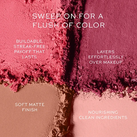 Image 1 - A flat lay of different shades of blush powders in pink and peach tones, with visible text stating SWEEP ON FOR A FLUSH OF COLOR, BUILDABLE STREAK-FREE PAYOFF THAT LASTS, LAYERS EFFORTLESSLY OVER MAKEUP, SOFT MATTE FINISH, and NOURISHING CLEAN INGREDIENTS.
Image 2 - A makeup compact with two blush shades, one light pink and one darker pink, is open and reflecting light on a smooth surface, alongside text that reads SMOOTH, STREAK-FREE APPLICATION, BOOSTS LASTING POWER, SUPPORTS HEALTHY-LOOKING SKIN.
Image 3 - A display of two makeup palettes featuring the Baby Cheeks Powder Blush Duo and Baby Cheeks + Face Trace Sculpting Powder Duo, with various shades of blush and contour visible, and text reading BABY CHEEKS POWDER BLUSH DUO and BABY CHEEKS + FACE TRACE SCULPTING POWDER DUO.