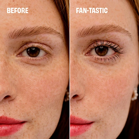 Image 1 - A close-up of a womans face divided into two sections, showing her eye before and after mascara application, with the words BEFORE on the left and FAN-TASTIC on the right.
Image 2 - A collage displaying four different types of eyelashes with close-up views of each eye; labeled with fine, thin, short, and curly around the images.
Image 3 - A close-up of a young woman applying mascara to her eyelashes with visible text on the right that reads FAN OUT LASHES SIDE-TO-SIDE, AMPLIFY VOLUME, MULTIPLY THE LOOK OF LASHES.