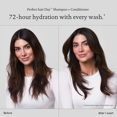 Image 1 - A woman with long, wavy hair smiles in a before-and-after comparison, showcasing the left side with frizzy hair labeled Before and the right side with smooth, shiny hair labeled After 1 wash, with text above stating Perfect hair Day™ Shampoo + Conditioner and 72-hour hydration with every wash.*
Image 2 - The image shows a comparison of hair texture and quality with a Before section on the left featuring dry, frizzy hair, and an After section on the right displaying smooth, sleek hair, with two circular insets highlighting close-up views of the hair strands, accompanied by the text Transform hair texture and quality over time. Air-dried results using only Perfect hair Day Shampoo + Conditioner.
Image 3 - A pair of shampoo and conditioner bottles labeled Living proof Perfect hair Day on a blue background with text that reads delivers 72-hour hydration in just 1 wash, restores healthy hair texture and quality, and keeps hair cleaner and healthier for longer.
Image 4 - Image of two hair care product bottles with the text Mimics what you love about silicone but makes hair better with every wash above, and labels for Detangling, Sleekness, Conditioning, and Shine alongside each product named Living Proof Perfect hair Day for the shampoo and conditioner.
Image 5 - The image features a close-up of bubbles with a blue background and includes the text Sili-CLONE HairTech, 600+ lab tests, 170+ formula iterations, and 1000+ performance tests.
Image 6 - Image shows a comparison between Sili-CLONE HairTech and Silicone, with positive aspects of Sili-CLONE on the left including hair health benefits, and negative aspects of Silicone on the right. Visible text includes Sili-CLONE HairTech vs Silicone, followed by four points for each product.
Image 7 - A close-up of a person’s long, shiny hair with three hair care products displayed below, labeled as step 1: Cleanse, step 2: Condition, and step 3: Dry shampoo, along with the text Hydrate + extend routine.