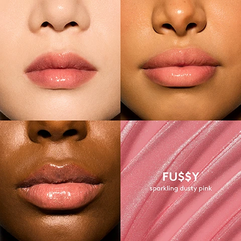 Image 1 - The image shows close-up views of four different lips in varying skin tones, with the bottom right featuring the text FU$$Y sparkling dusty pink.
Image 2 - Five arms displaying various skin tones show swatches of lip colors across categories labeled Deep, Medium-Deep, Medium, Light-Medium, and Light, with visible names of products under each swatch.
Image 3 - Image shows four different lip gloss products displayed in bottles, each with a label indicating their names: Gloss Bomb Oil, Gloss Bomb Heat, Gloss Bomb Cream, and a blank space for the fourth product. Below each product, there are descriptions of their finishes, coverage, and benefits. The text includes phrases like finish: glass-like shine and sparkle, coverage: sheer, and benefits: lightweight gel-to-oil texture.
Image 4 - Image shows a product guide for lip oil and liner pairings, featuring two columns with the names of gloss bomb oils and corresponding TraceD Out liner colors listed alongside swatches of the products. Visible text includes SLICK LIP OIL + LINER LOOKS GLOSS BOMB OIL AND TRACED OUT LINER PAIRING RECOMMENDATIONS and the names of the products in each pairing.
Image 5 - A vibrant image featuring a lip gloss tube with a shiny, pink-purple hue, surrounded by a passion fruit, a glass container of oil, and a dollop of shea butter, with text highlighting the product benefits including locks in moisture for up to 8 hours, vitamin E, shea butter, coconut oils to nourish and condition, and hyaluronic filling spheres for immediate hydration.