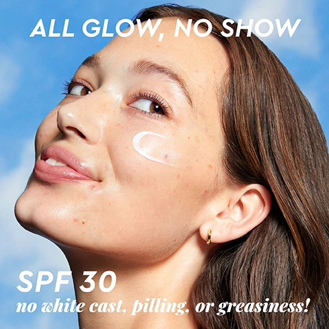Image 1 - A smiling woman with a light skin tone and dark hair applies a white cream to her cheek against a blue sky background, with the text ALL GLOW, NO SHOW, SPF 30, and no white cast, pilling, or greasiness! visible on the image.
Image 2 - A pink bottle of Glow Recipe Watermelon Glow Dew Shield Hydrating Fluid sunscreen, containing SPF 30, sits on top of a watermelon against a pink background, with text highlighting its features including clinically proven hydration, seamless blending under makeup, no white cast, and weightless protection.
Image 3 - A close-up portrait of a smiling woman with dark skin, wearing a pink top and small nose piercings, against a blue sky background, with text stating 100% HAD CLINICALLY IMPROVED HYDRATION*: IMMEDIATELY 24 HOURS AFTER 2 WEEKS AFTER. BASED ON CORNEOMETER CLINICAL MEASUREMENT ON 30 INDIVIDUALS.
Image 4 - A close-up image of a tube dispensing a creamy white lotion onto a pink background, with visible text highlighting key ingredients and benefits including clean chemical UV filters, glycerin, watermelon seed oil, vitamin E, and niacinamide.
Image 5 - A pink bottle of Watermelon Glow Dew Shield Hydrating Fluid sunscreen is partially submerged in a watermelon, with text highlighting its formulation details and environmental benefits that reads: CARE FOR YOUR SKIN & THE PLANET, FORMULATED WITHOUT: OCTOCRYLENE, OCTINOXATE & OXYBENZONE, SLIPPERY SILICONES, DRYING ALCOHOLS, IRRITATING PEGS AND BHT, and MADE FROM 50% PCR & RECYCLABLE THROUGH PACT.
Image 6 - A woman with wavy gray hair is smiling with her eyes closed, applying a cream to her cheek, against a blue sky background, with visible text stating 100% agreed applied effortlessly + easily with no pilling, 100% agreed skin feels hydrated, nourished and protected, and 94% agreed makeup layered effortlessly.
Image 7 - An arrangement of three skincare products on a pink background, featuring a tube of Daily Hydrating SPF 30, a bottle of Watermelon Glow Dew Balm SPF 45, and a stick of Daily Dewy Sun Stick SPF 45, with the text SKINCARE-POWERED SUNCARE, DAILY HYDRATING SPF 30, and DAILY DEWY SUN STICK SPF 45 Re-apply & Re-Dew throughout the day.