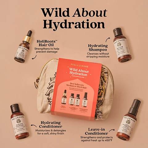 Image 1 - The image is titled Wild About Hydration and displays a Fable & Mane hair care collection, featuring a red kit box inside an off-white pouch, with the box labeled Wild About Hydration Best Sellers for Medium to Thick Hair, along with four individual products: HoliRoots Hair Oil strengthens to help prevent damage, Hydrating Shampoo cleanses without stripping moisture, Hydrating Conditioner moisturizes and detangles for a soft shiny finish, and Leave-in Conditioner strengthens and protects against heat up to 450 degrees F. Image 2 - A side-by-side comparison shows a scalp with thinning hair on the left labeled BEFORE and the same scalp with visibly denser hair on the right labeled AFTER, promoting HoliRoots™ Hair Oil. Image 3 - A split image shows a woman with long, wavy brown hair, with the left side labeled BEFORE showing her hair looking frizzy and less defined, and the right side labeled AFTER showing her hair looking hydrated and with more defined waves and curls, with the overall title Hydrating Shampoo & Conditioner. Image 4 - A split image comparing reddish-brown curly hair before and after using a product, showing frizzy and undefined hair on the left and smooth, defined curls on the right, with the visible text Leave-in Conditioner, BEFORE, and AFTER. Image 5 - The image displays a three-part hair care routine: a woman applying hair oil to her scalp, a person shampooing hair with visible lather, and a person combing damp hair, accompanied by text instructions: HoliRoots™ Hair Oil. Massage oil into the scalp, leave in for at least 5 minutes or overnight for best results. Rinse before cleansing. Hydrating Shampoo & Conditioner. Lather in shampoo and massage into the scalp. Rinse and apply conditioner from mid-lengths to ends. Rinse and gently squeeze out excess water. Leave-in Conditioner. Towel dry hair and spray evenly from mid-lengths to ends. Apply to dry hair to refresh dry ends. Image 6 - A woman with long wavy brown hair smiles over her shoulder, with text at the top reading The Fable Promise, and four circular icons stating Suitable for all hair types, No Silicones, Cruelty Free, and Vegan Formula.