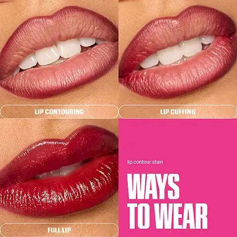 Image 1 - Image shows three different lip makeup styles: Lip Contouring with lighter pinkish tones, Lip Cuffing with a medium pink shade, and Full Lip with a deep red color, accompanied by the text lip contour stain and WAYS TO WEAR.
Image 2 - Image of a pink liquid lipstick applicator demonstrating a thin LINE application and a full FILL application on a light pink background, with an icon showing a marker and text STORE TIP DOWN to prevent drying, 12HR STAINED LIPS, EASY TO OVERLINE, ULTRA-PIGMENTED, SMUDGE & TRANSFER-PROOF. Image 5 - A woman with dark hair, dramatic eye makeup, and glossy red lips holds two hudabeauty lip pencils, one brown and one red, against a red background, with the text JELLY STAINED LIPS displayed prominently.
Image 3 - The image displays a grid of lip colors on various lips, labeled with shades including Baby Pink, Rosewood, Cherry Red, Soft Nude, Warm Brown, Toasty Brown, Cinnamon, and Rich Brown, with corresponding pairings of Juicy Pink Lady, Juicy Peach, and Juicy Goji, while the phrase LIP PAIRINGS is prominently featured in bold text at the bottom.