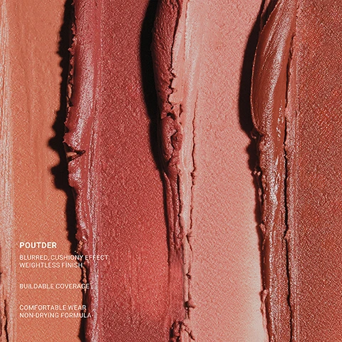 Image 1 - A close-up image of various shades of creamy makeup swatches on a textured surface, with visible text that includes POUTDER, BLURRED, CUSHIONY EFFECT, WEIGHTLESS FINISH, BUILDABLE COVERAGE, COMFORTABLE WEAR, NON-DRYING FORMULA.
Image 2 - A close-up image of several cylindrical cosmetic containers in soft pastel colors, featuring visible text: POUTDER, VITAMIN E KNOWN TO MOISTURISE + GUARD LIPS FROM FREE RADICAL DAMAGE, PHYTORADIANCE COMPLEX KNOWN TO HYDRATE + HELPS TO SMOOTH WRINKLES, CASTOR SEED OIL KNOWN TO NOURISH + SOFTEN.