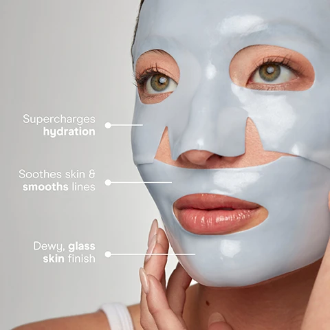 Image 1 - Close-up of a woman wearing a blue sheet mask with text callouts reading Supercharges hydration Soothes skin & smooths lines Dewy, glass skin finish.
Image 2 - Hands hold a blue hydrogel face mask with labels describing benefits including Electrolytes deeply hydrates, Glycerin plumps & retains moisture, Hydrogel locks in hydration, Allantoin soothes & protects barrier, Magnesium smooths and softens.
Image 3 - A split image shows a person applying a sheet mask to their face in the top panel and removing it from their face to reveal glossy skin in the bottom panel, with text reading STEP 1 Apply & leave on for 15 minutes. STEP 2 Remove and massage in remaining serum for a glass skin finish.
Image 4 - Image shows a womans face before, during application of a blue gel mask, and after, with text reading IONPLEX HYDRA-GEL POWER MASK, Instant hydration for glass skin results, BEFORE, AFTER.
Image 5 - A woman wearing a blue sheet mask has a white device with the text NUFACE held to her temple, and overlaid text reads LOCK IN MOISTURE - THEN LIFT.
Image 6 - A comparison table titled SEE HOW THEY STACK UP, with text that reads Compare products to see which formula best fits your skin goals, routine, and targeted treatment areas, comparing IonPlex® Hydra-Gel Power Patches and IonPlex® Hydra-Gel Power Mask based on categories including Best for, Key Benefits, Hero Ingredients, Treatment Time, Pair With, Best Prepped With, Texture, Size, Skincare Goal, and Use As A.