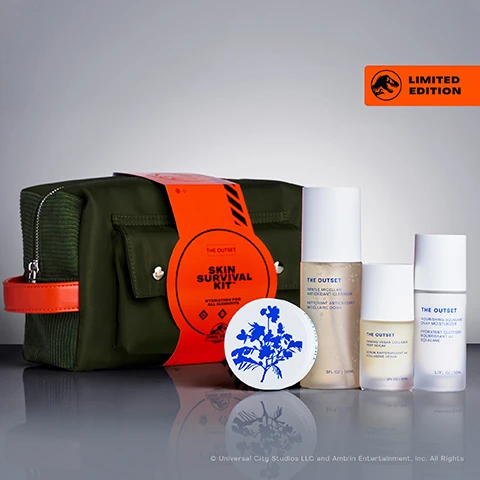 Image 1 - A green cosmetic bag with an orange accent holds a limited edition Skin Survival Kit, featuring three bottles labeled Gentle Micellar Antioxidant Cleanser, Firming Visual Collagen Prep, and Nourishing Squalane Daily Moisturizer, alongside a round container with a blue floral design.
Image 2 - A woman with brown hair tied back, wearing a dark cap, is squatting next to an open portable container with tools inside, surrounded by greenery, with a quote about skincare products visible on the right.
Image 3 - An angled collectible card is displayed against a blurred background, featuring the text EXCLUSIVE COLLECTIBLE CARD, with a small orange rectangular badge in the top right corner that says LIMITED EDITION.