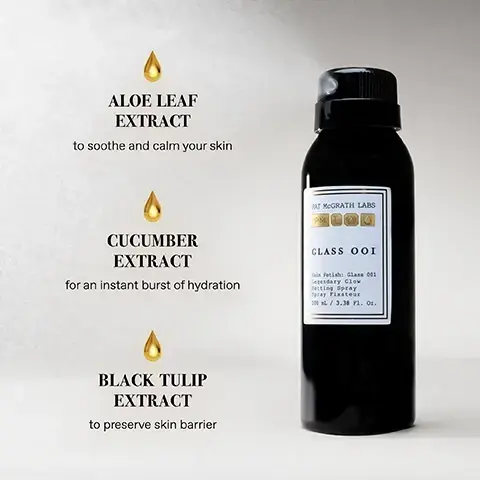 Image 1 - A black bottle labeled PAT McGRATH LABS CLASS 001 contains product information, with three drops above text reading ALOE LEAF EXTRACT to soothe and calm your skin, CUCUMBER EXTRACT for an instant burst of hydration, and BLACK TULIP EXTRACT to preserve skin barrier.
Image 2 - A black bottle of setting spray labeled CLASS 001 is displayed next to its gold and white box, with text above stating LOCKS MAKEUP IN PLACE FOR 16 HOURS.
Image 3 - A black spray bottle labeled PAT McGRATH LABS CLASS 001 is shown next to its packaging, which has a womans face with green eye makeup, and the text LOCKS MAKEUP IN PLACE FOR 16 HOURS. Image 4 - no spray layer 1 and layer 5 model shot Image 5 - no spray layer 1 and layer 5 model shot
