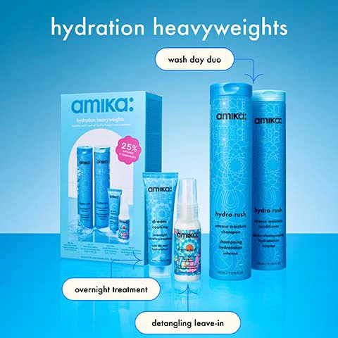 Image 1 - A display of Amika hair care products including a box labeled hydration heavyweights, three blue bottles of shampoo and conditioner, a small cream tube, and a spray bottle with text indicating wash day duo, overnight treatment, and detangling leave-in, all on a blue background.
Image 2 - Image shows a side-by-side comparison of a woman with curly hair, labeled before on the left and after on the right, with visible text that reads deeply hydrate dry + textured hair (2a-4c) below the images.
Image 3 - A side-by-side comparison image showing a woman with textured hair; the left side labeled before shows her hair dry and frizzy, while the right side labeled after shows her hair hydrated and styled, with the text deeply hydrate dry + textured hair (2a-4c) below.
Image 4 - A person with curly hair smiles while holding a blue shampoo bottle, with text on the image stating hydrating duo for dry, textured + coarse hair, hair is 3x more hydrated, boosts moisture for 72 hours, hydrates + replenishes moisture, and silicone-free + color-safe.
Image 5 - A blue container of silicone-free hair mask for dry and textured hair sits against a light blue background, with visible text stating hair is 5x more hydrated, hair is 5x easier to comb, and keeps hair hydrated for 5 straight days.
Image 6 - A woman with long, dark hair is holding a blue spray bottle labeled as a hydrating leave-in product, with text that reads hydrating leave-in for all hair types, detangles + reduces frizz, boosts moisture for 72 hours, and hair is 3x more hydrated.
Image 7 - An illustration showing three hair-care ingredients with a pipette, featuring a blue droplet labeled Hyaluronic Acid, a yellow drop labeled Squalane, and an orange droplet labeled Sea Buckthorn, along with descriptions of their benefits for hair.
Image 9 - An arrangement of fragrant ingredients including sandalwood, vanilla, rose, orchid, and grapefruit, with the text the signature scent displayed at the top.
Image 10 - Image shows a close-up of bright orange sea buckthorn berries in water, with overlay text that states our signature superfruit: sea buckthorn nourishes strands, scalp + skin while restoring lipids in the hair to help increase shine, manageability, softness + strength.
Image 11 - Two blue shampoo and conditioner bottles labeled amika hydro rush are placed on a tiled surface with water splashes around them, accompanied by icons and text indicating they are silicone-free, color safe, vegan, cruelty-free, paraben-free, phthalate-free, SLES and SLS-free, and suitable for chemically treated hair.